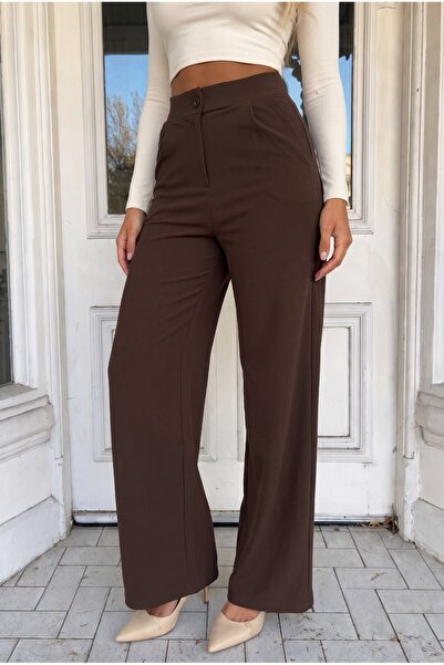 BİKELİFE Women's Coffee Color Relaxed Fit Wide Leg Lycra Pants