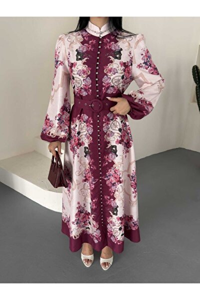NEW JOURNAL Women's Burgundy Chokella Fabric Mandarin Collar Belted Maxi Dres...