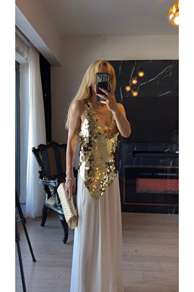 Gold Pul Payet Asimetrik Kesim Bluz