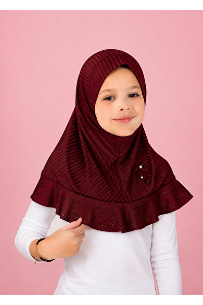 Linda Hijab Pink Hijab for Kids – Modest Islamic Headscarf with Lace Ruffle T...
