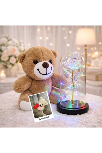 MARMORİ 🤎 *Kahve Ayıcık & Işıklı Gül Fanusu Hediye Seti* 🧸🌹✨