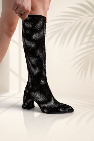 LZ SHOES Kadın Çizme Siyah Taşlı Topuklu Şık Çizme