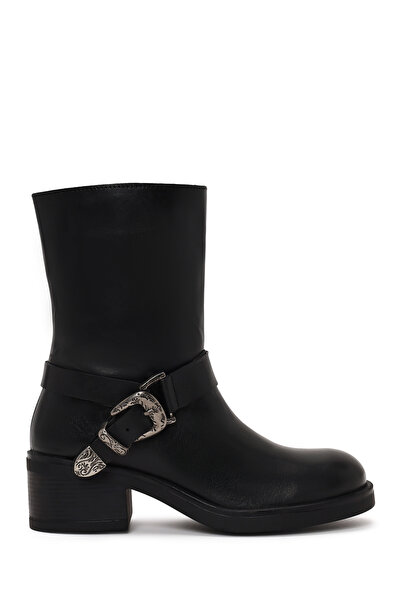 Derimod Women's Black Zippered Thick Heeled Leather Boots Wf190060Dv