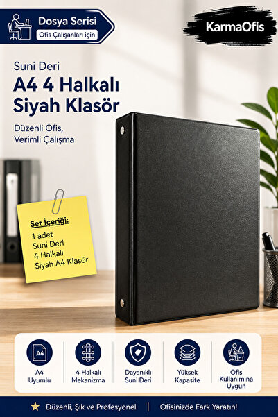 KarmaOfis A4 4-Ring Black Faux Leather Folder |   Office and Document Organiz...