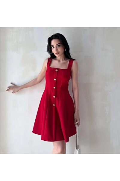 Klex Kare Yaka Metal Düğmeli Pileli Mini Elbise 5086