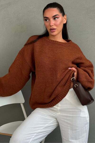 Madmext Brown Balloon Sleeve Relaxed Fit Women's Knitwear Sweater Mg2602