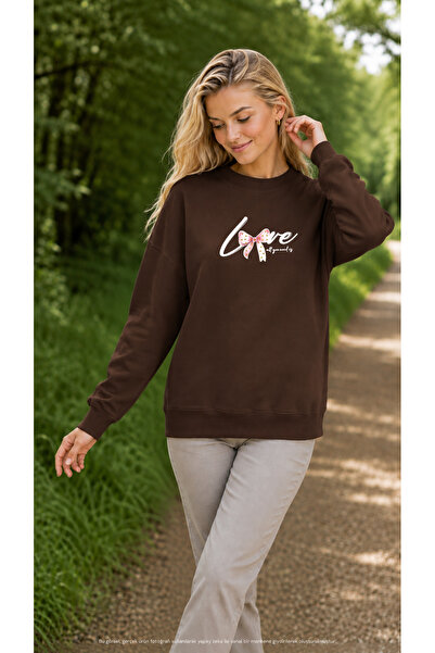 EMMODA Women's Pink Ribbon Detailed Love Written Round Neck Casual Sweatshirt