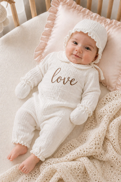 bebeqon 3 Piece 100% Cotton Muslin Ecru Hospital Discharge Set with Love Prin...