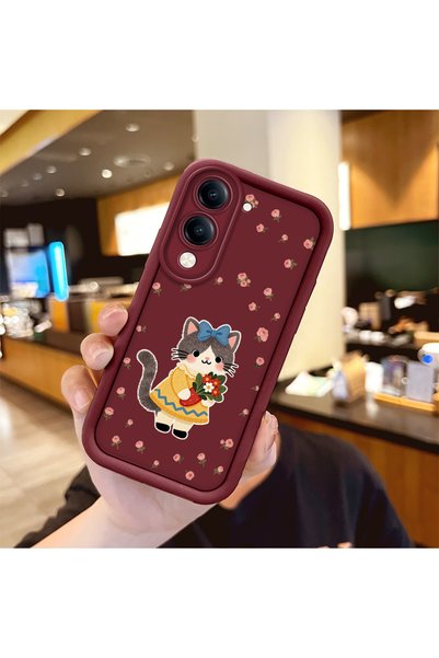 Hontinga Vivo Y29S Compatible Case Camera Protective Cat Case Burgundy Lover Couple Silicone Phone Case