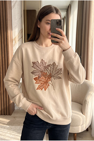 FEMELLE Beige 100% Cotton Bead Embroidered Sweatshirt with Leaf Pattern
