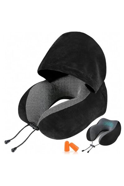 Generic Hooded Travel Neck Pillow, Memory Foam, 360° Support, Black, for Airp...