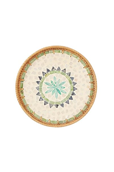 Generic Round Rattan Tray with Mother of Pearl Inlay, Rattan Serving Tray wit...