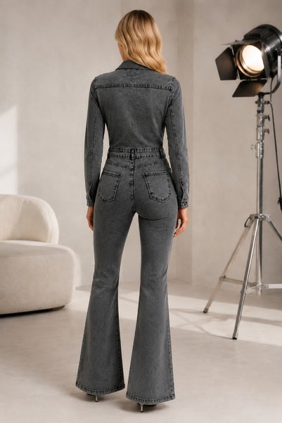 SHEVEGA Women's Long Sleeve Snow Black Buttoned Flare Spanish Leg Denim Jumpsuit