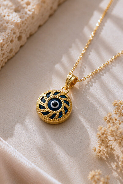 Spossy Silver Jewelry 925 Ayar Gümüş Gold Kaplamalı Yuvarlak Nazar Cam Göz Kolye