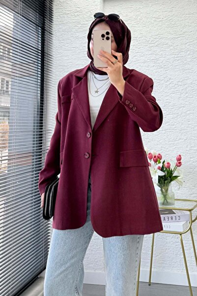 MELEK ARAZ Two Button Linen Blazer Women's Jacket - Burgundy