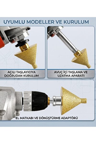 lstri Yuvarlak Konik Pah Kırma Ucu, Delik Genişletme, Parlatma, Frezeleme, Havşa Açma, 4” Açılı Taşlama Makineleri İçin M10 Dişli, Seramik, Mermer, Porselen, Duvarcılık Taşlama İşleri İçin50 mm Çap, M10