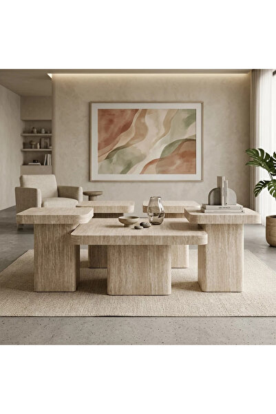 Al Hadaya Mall Travertino Modern Design Tea Table Set - Beige - (Five Pieces)