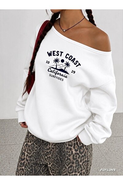 FUFLUNS West Coast Palm Tree Printed Oversized Women's Boat Neck Sweatshirt