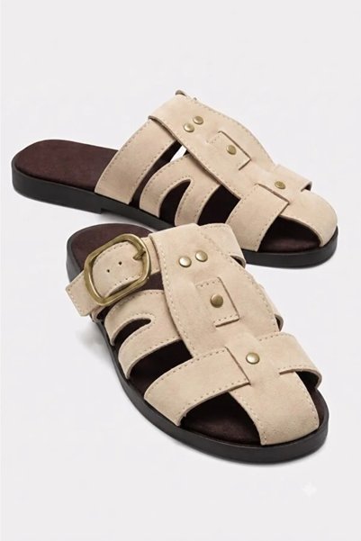 Tk Black Women's Suede Gold Buckle Detailed Cage Closed Toe Bohemian Slippers