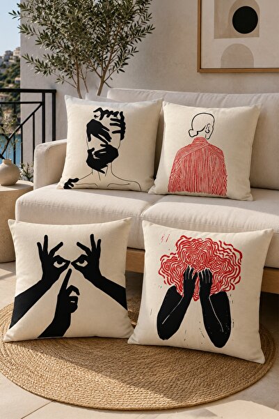 EVPANYA Abstract Woman and Fish Patterned 4-Piece Throw Pillow Cover Set
