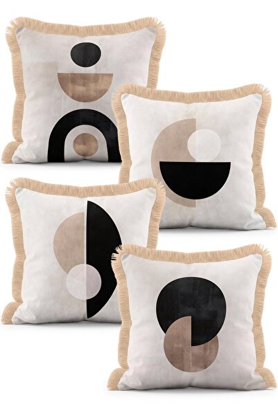IdeCraft Modern Geometrik Desenli Siyah Bej 4'lü Saçaklı Kırlent Kılıfı Seti