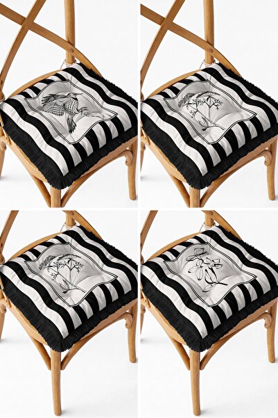IdeCraft Black and White Striped Botanical and Bird Patterned Fringed Puffy C...