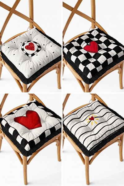 IdeCraft Black and White Checkered Red Heart Patterned Fringed 4-Piece Puffy ...