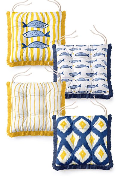IdeCraft Sardine Motif and Striped Patterned Yellow Navy Blue Fringed Lace-Up...