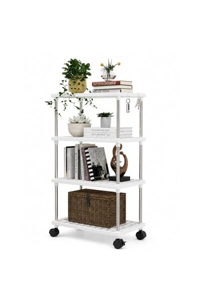 Generic 4-Tier Storage Rack with Wheels, White, Plastic Shelves with Metal Fr...