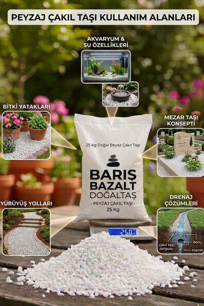 Barış bazalt doğaltaş Beyaz Çakıl Taşı 25 KG – Doğal Dekoratif Taş Bahçe Peyzaj Saksı Teraryum Akvaryum Taşı