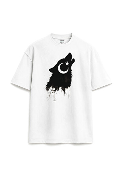 Darkia Göktürk Bozkurt Moon Star Printed Special Design White T-Shirt