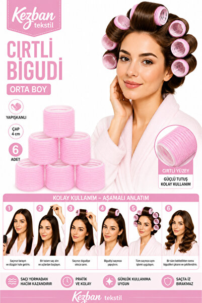 Kezban Tekstil 6lı ORTA Boy Bigudi Cırtlı - Yapışkanlı Saç Bigudisi (Çap: 40mm)