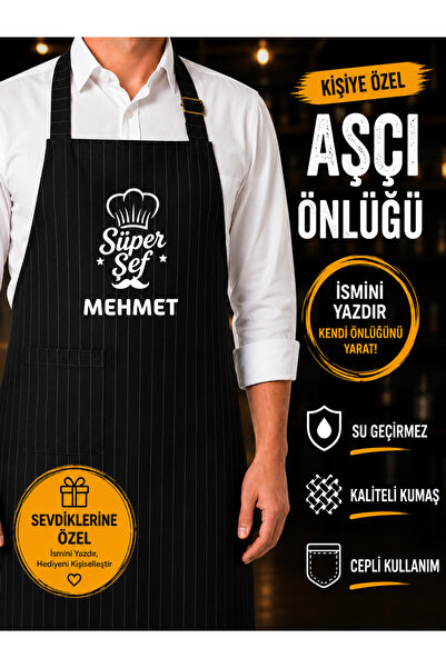 İŞ MARKETİM Kişiye Özel İsim Baskılı Aşçı Önlüğü Su Geçirmez Çizgili Mutfak G...