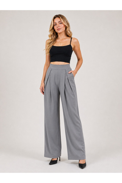 De Carte Women's High Waist Pleated Detailed Wide Leg Modal Fabric Sweatpants
