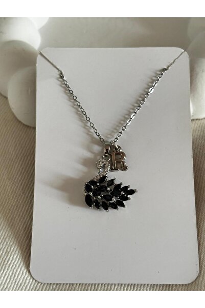 bijoux uniques Siyah zirkon taşlı kuğu model R harfli 316L çelik kolye
