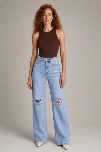 Ivoire Wear Women's High Waist Ripped Wide Leg Jeans, Light Blue