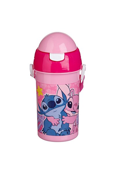 Disney 500ml Stitch Pink Plastic Pop-Up Kids Water Bottle with Strap