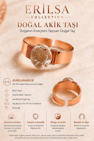 Erilsa Certified Natural Agate Stone Brown Copper Case Adjustable Handmade Ring