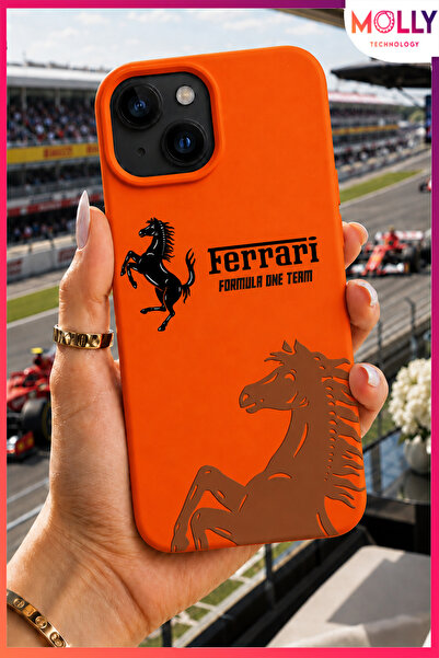 Molly iPhone 13/14 İçin Turuncu Racing Horse Desenli İçi Kadife Silikon Kılıf