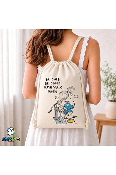 Ghostbastır Design Smurfs Drawstring Linen Bag C312