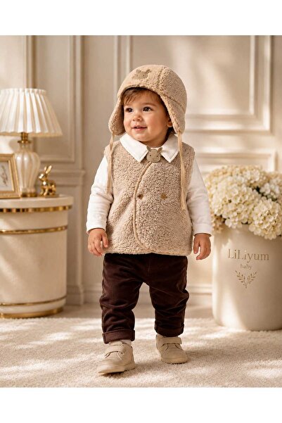 LİLİYUM Baby Boy 4-Piece Stylish Winter Set – Plush Vest, Shirt, Pants, Hat 9...