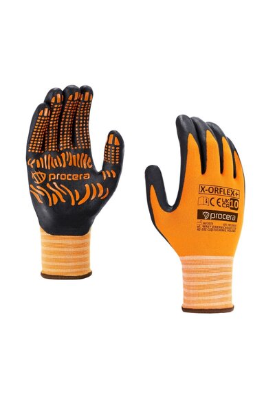 OEM X-Oflex protective gloves, knit + Lycra + nitrile, orange + black, size 10