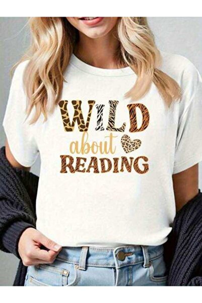 25W Women'S Wild About Reading Leopard Print Lettering-Shirt - Book Lover Gra...