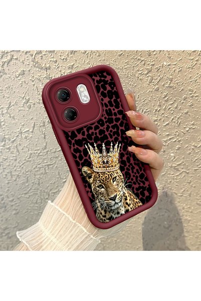 SLIMFELT Infinix Smart 9 Uyumlu Bordo leopar desenli taçlı pars kılıf, şık ta...