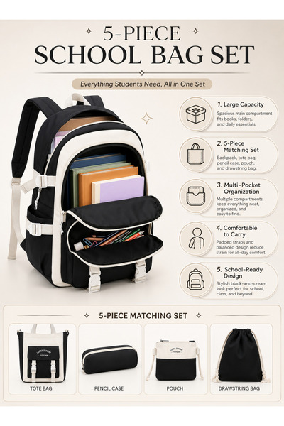 Generic Brand 5-Piece School Backpack Set for Girls with Tote Bag, Pencil Case, Crossbody Pouch and Drawstring Bag