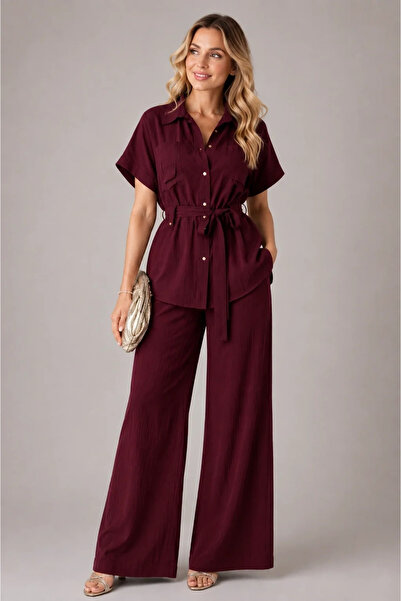 bysoca Women's Burgundy Stone Buttoned Double Suit Linen Belted Wide Leg Pant...