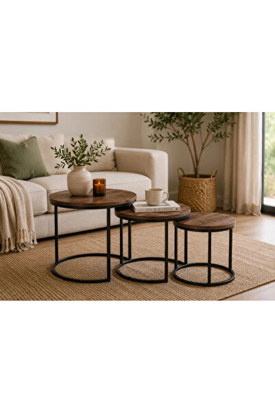 co arma Wooden Top Nesting Round Coffee Table with Black Metal Frame, Set of ...