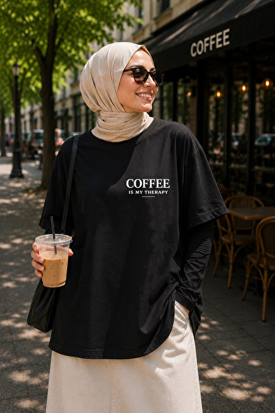 BAGAND Premium Coffee Is My Therapy Written Black Oversize Unisex T-Shirt