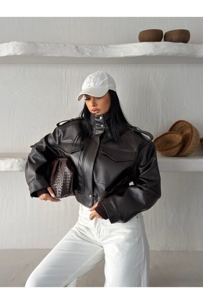 ZF BUTİK Zippered Crop Leather Jacket