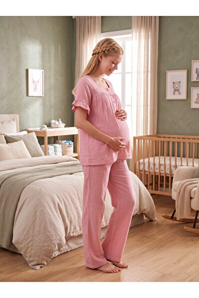 Lohusa Homewear New Season Powder Muslin Fabric Buttoned Easy Breastfeeding F...